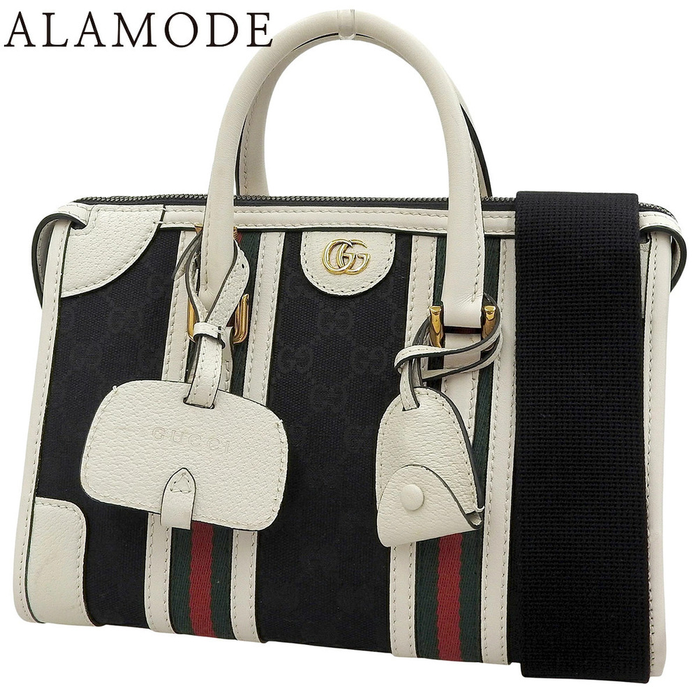 Gucci Ophidia GG 2Way Shoulder Tote Bag Canvas Leather Crossbody Navy Blue Red